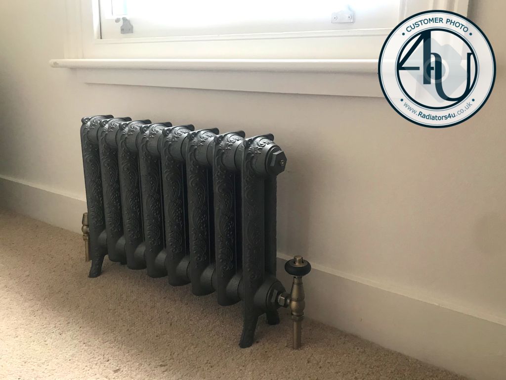 Baroque Classique 2 Column Cast Iron Radiator in Natural Grey finish with Traditional Old English Brass Radiator Valves and matching Pipe Sleeves